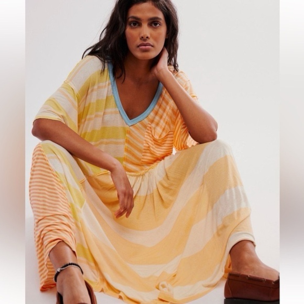 Free People Yellow Cream Striped Maxi Dress with Blue Trim